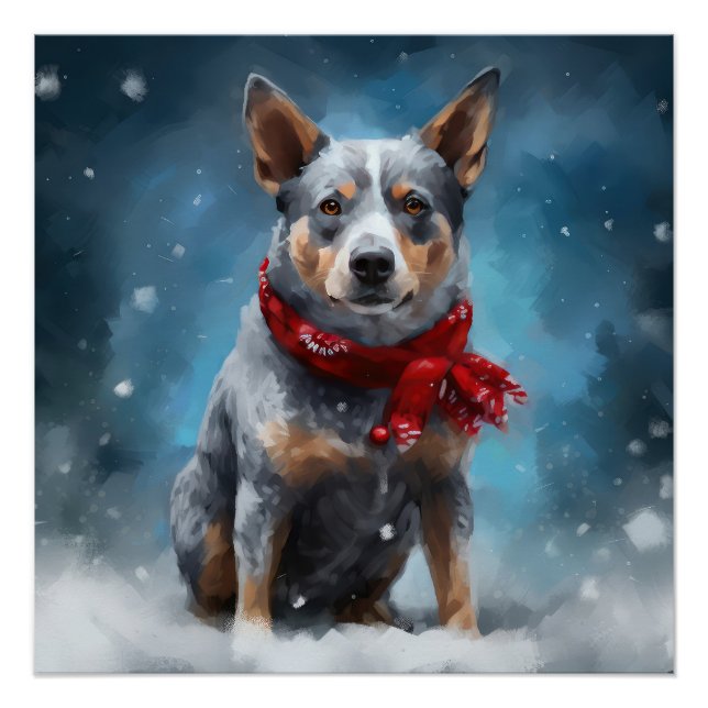 Pôster Cão Blue Heeler na Neve de Natal (Frente)