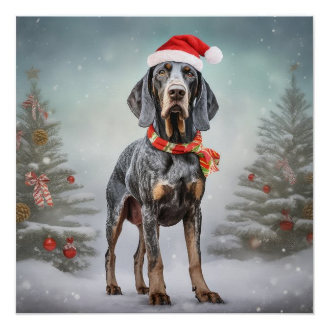 Pôster Cão Bluetick Coonhound na Neve de Natal (Frente)