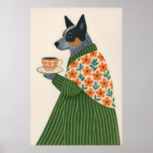 Poster Cão Bovino Australiano Estampa de Café, Jaqueta Fl