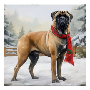 Pôster Cão Bullmastiff na Neve Natal