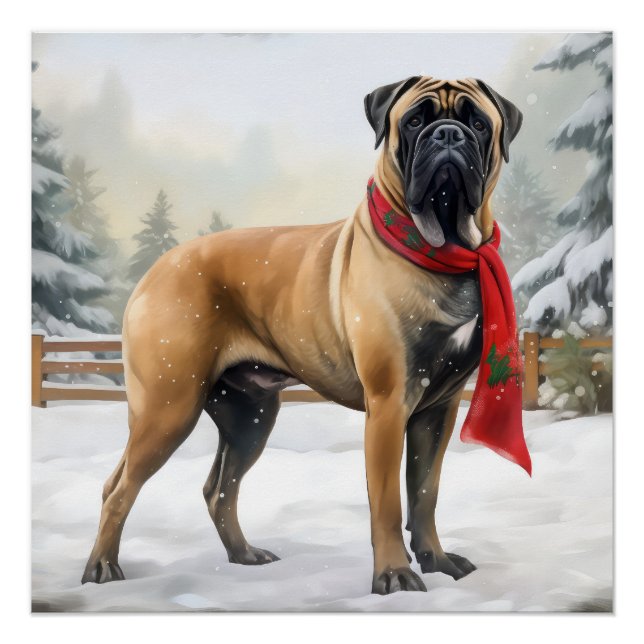 Pôster Cão Bullmastiff na Neve Natal (Frente)