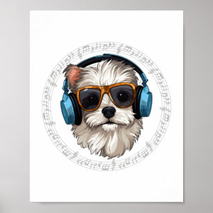 Poster cão com fones de ouvido cão com óculos escuta