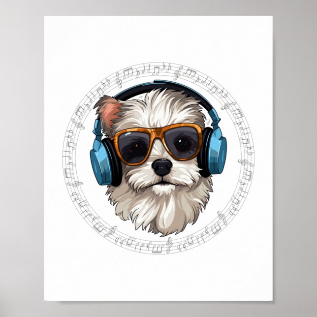Poster cão com fones de ouvido cão com óculos escuta (Frente)
