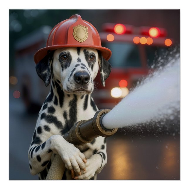 Pôster Cão Dalmata Com uma Mangueira de Incêndio (Frente)