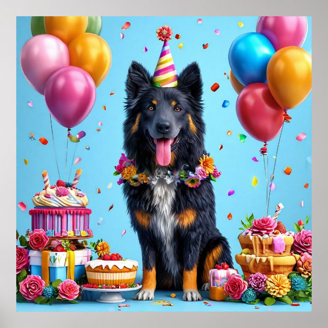 Poster Cão de aniversário com bolo e balões (Frente)