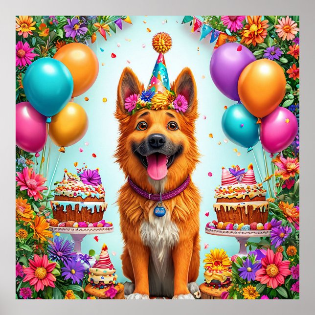 Poster Cão de aniversário com bolo e balões (Frente)