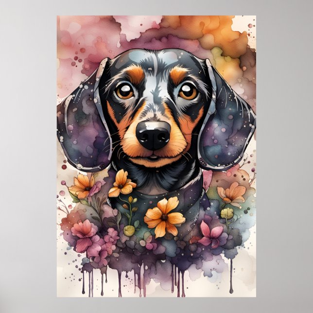 Poster Cão de Dachshund Cujo Cachinho é em Aquarela (Frente)