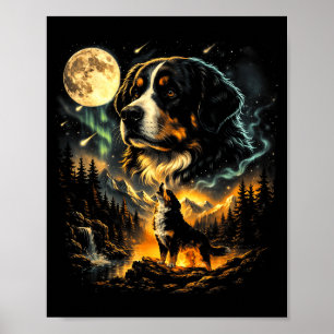 Poster Cão de montanha bernês uivando para a lua vintage