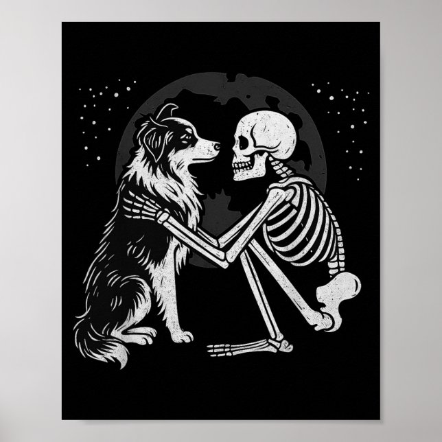 Poster Cão de Pastor Australiano Esqueleto Lua Halloween (Frente)