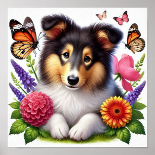 Poster Cão de Pastoreio de Shetland com Flores e Borbolet