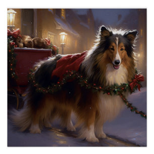 Pôster Cão de Pastoreio Shetland Temporada Festiva de Nat