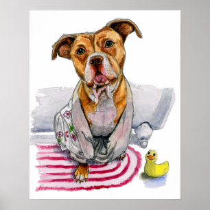 Pôster Cão do pitbull na pintura da aguarela do Bathrobe