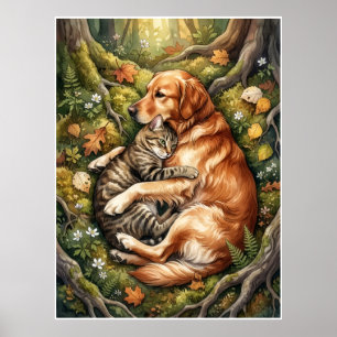 Poster Cão e Gato Abraço Floresta Companheirismo de Vida