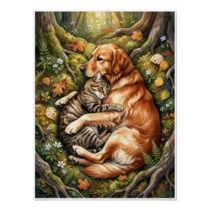 Pôster Cão E Gato Abraço Floresta Companheirismo Fauna Fl