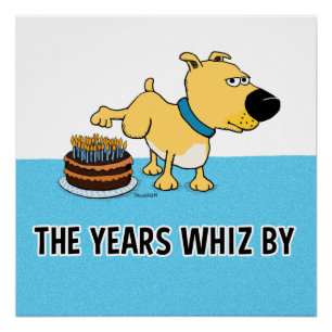 Pôster Cão engraçado que faz xixi no bolo de aniversár