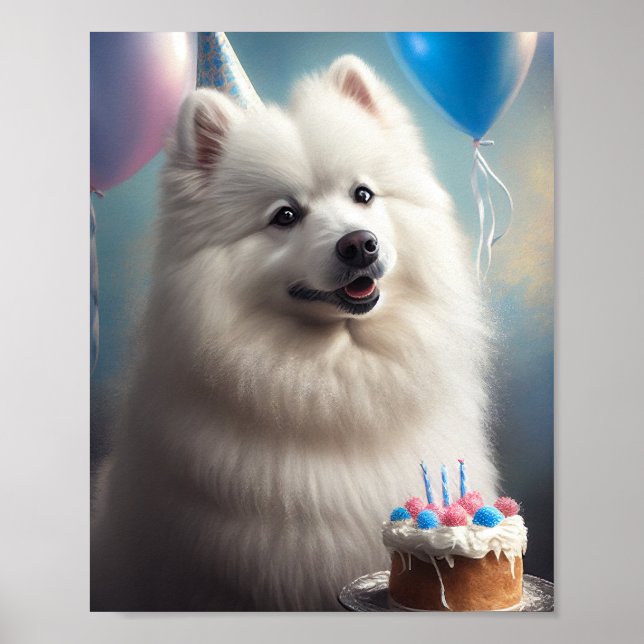 Poster cão esquimó americano com balões de aniversário (Frente)