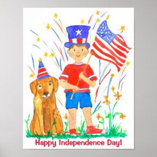 Poster Cão feliz do menino de Dia da Independência