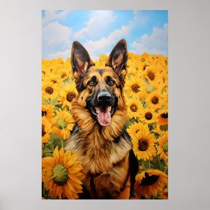 Poster cão german shepherd nos girassóis