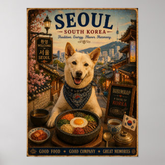 Poster Cão Jindo em Cartaz de Viagem Vintage de Seul