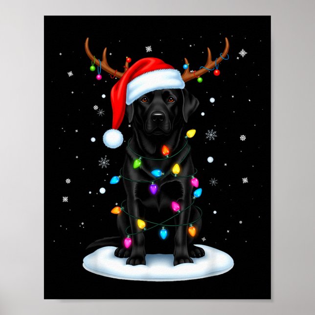 Poster Cão Labrador Preto de Natal Luzes de Rena P (Frente)