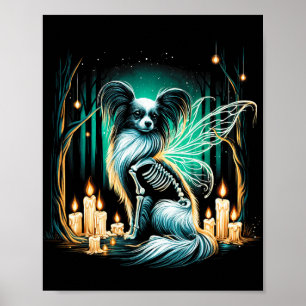 Poster Cão legal Papillon Cão Esqueleto Cachorro do Dia d