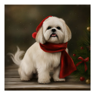 Pôster Cão Lhasa Apso na Neve Natal