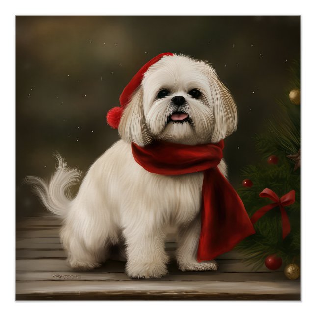 Pôster Cão Lhasa Apso na Neve Natal (Frente)