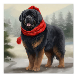 Pôster Cão Mastim Tibetano na Neve Natal 