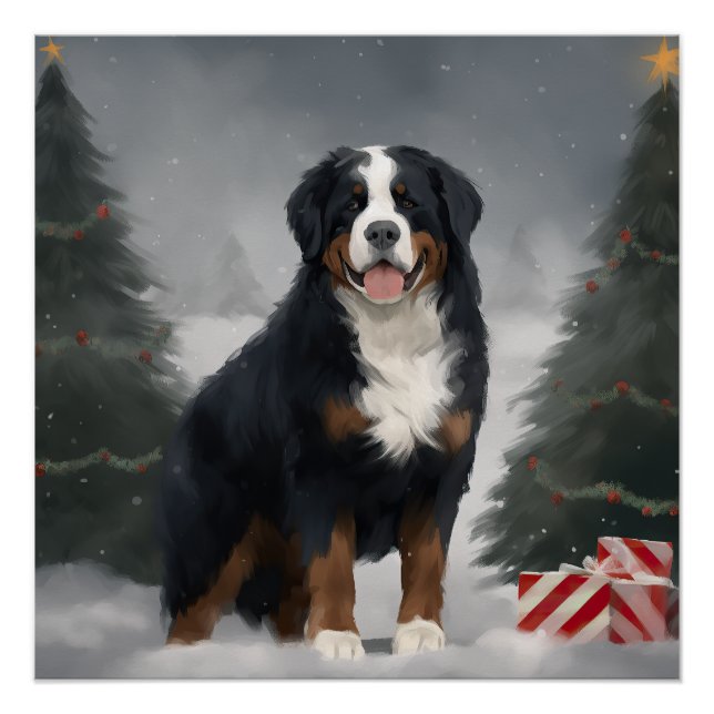 Pôster Cão Montanhês Bernês na Neve Natal (Frente)
