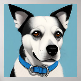 Poster Cão Negro e Branco com Colar Azul