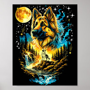 Poster Cão pastor alemão uivando para a lua vintageGer