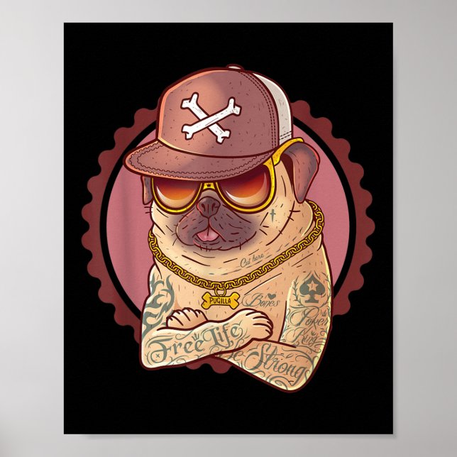 Poster Cão, Pet, Tatuagem, Rap _ Pug, Rapper Tee (Frente)