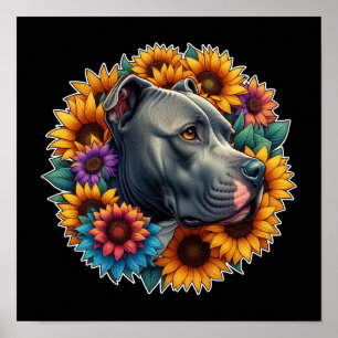 Poster Cão Pitbull Rodeado por Girassóis Vibrantes