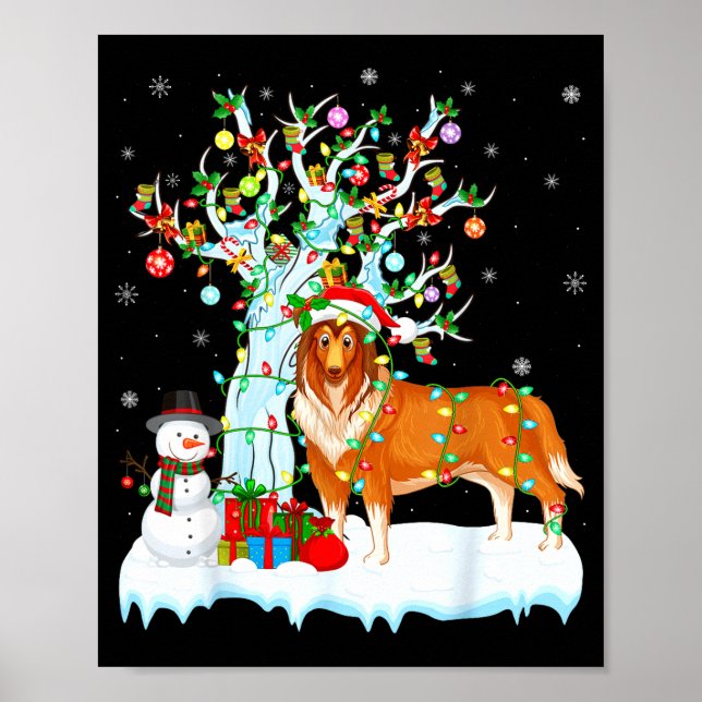 Poster Cão Rough Collie Iluminação da Árvore de Natal Rou (Frente)