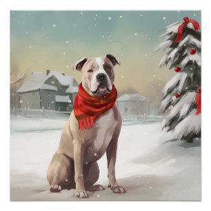 Pôster Cão Staffordshire Americano na Neve Natal
