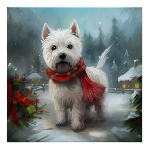 Pôster Cão Terrier Branco do West Highland na Neve Natal