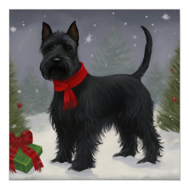 Pôster Cão Terrier Escocês na Neve Natal (Frente)