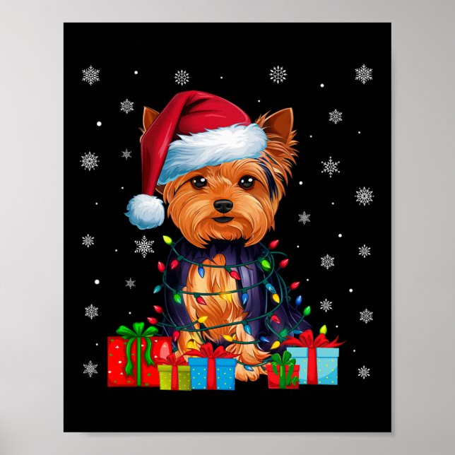 Poster Cão Ugly Xmas Lights Santa Hat Yorkshire Terrier C (Frente)
