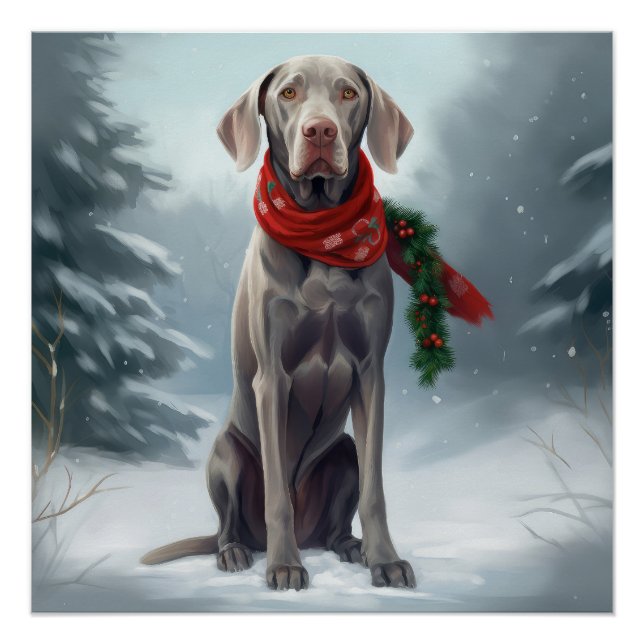 Pôster Cão Weimaraner na Neve Natal (Frente)
