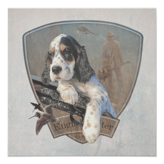 Pôster Cãozinho do inglês Setter com uma espingarda cláss (Frente)