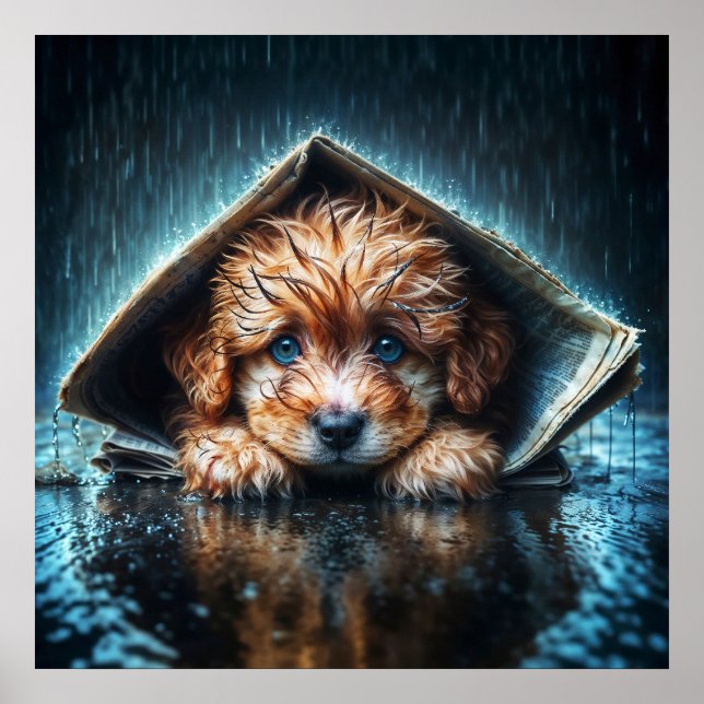 Poster Cãozinho molhado adorável sob abrigo de jornal (Frente)
