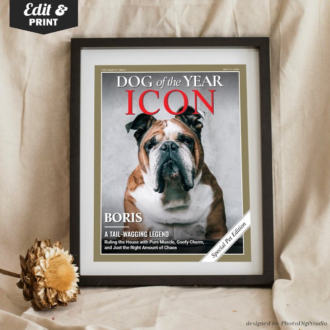 Poster Capa de Revista de Cachorro Personalizada Retrato  (Custom Dog Magazine Cover Template Pet Portrait Poster)