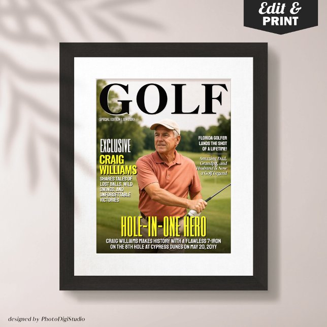 Poster Capa de Revista de Golfe, Presente Divertido de Go (Golf Magazine Cover, Fun Golf Gift for Hole in One Poster)