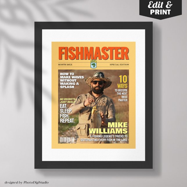 Poster Capa de Revista de Pesca Personalizada, Presente p (Custom Fishing Magazine Cover, Gift for Fisherman Poster Editable and Printable)