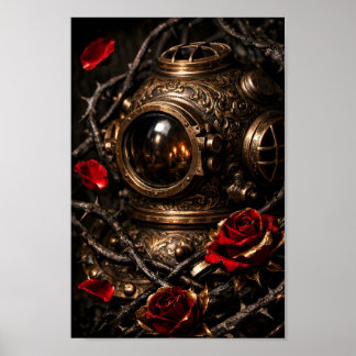 Poster Capacete de mergulhador steampunk antigo Rosa Verm