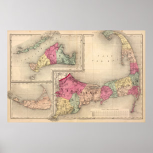 Poster Cape Cod, Mapa do Vineyard e do Nantucket de Marth