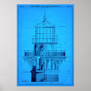 PÔSTER CAPE HATTERAS LIGHTHOUSE BLUEPRINT 1869