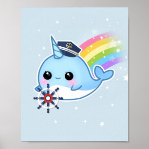 Pôster Capitão bonito do kawaii narwhal com arco-íris