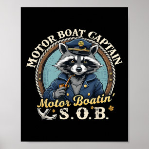 Poster Capitão de Barco a Motor Engraçado Raccoon Náutico
