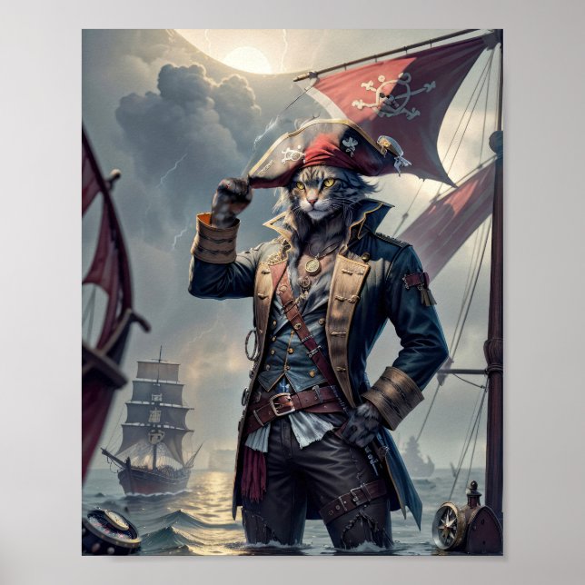 Poster Capitão Gato Pirata em um galeão a afundar - (Frente)